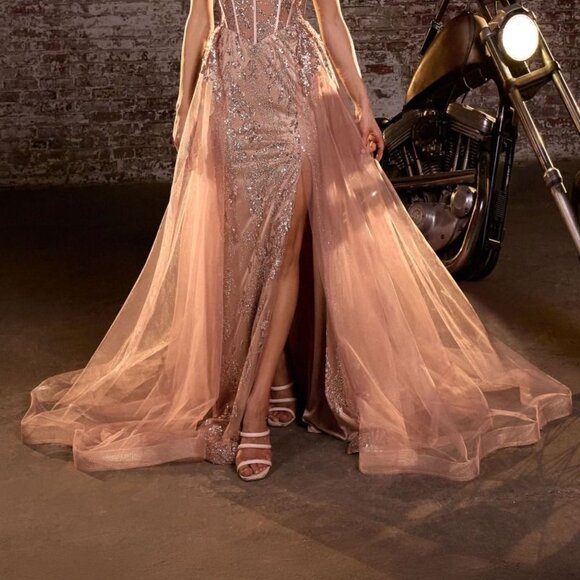 New One Shoulder Refined A-Line Gown w/ Sequins Embroidery & Overskirt CD J869 - Picture 6 of 9